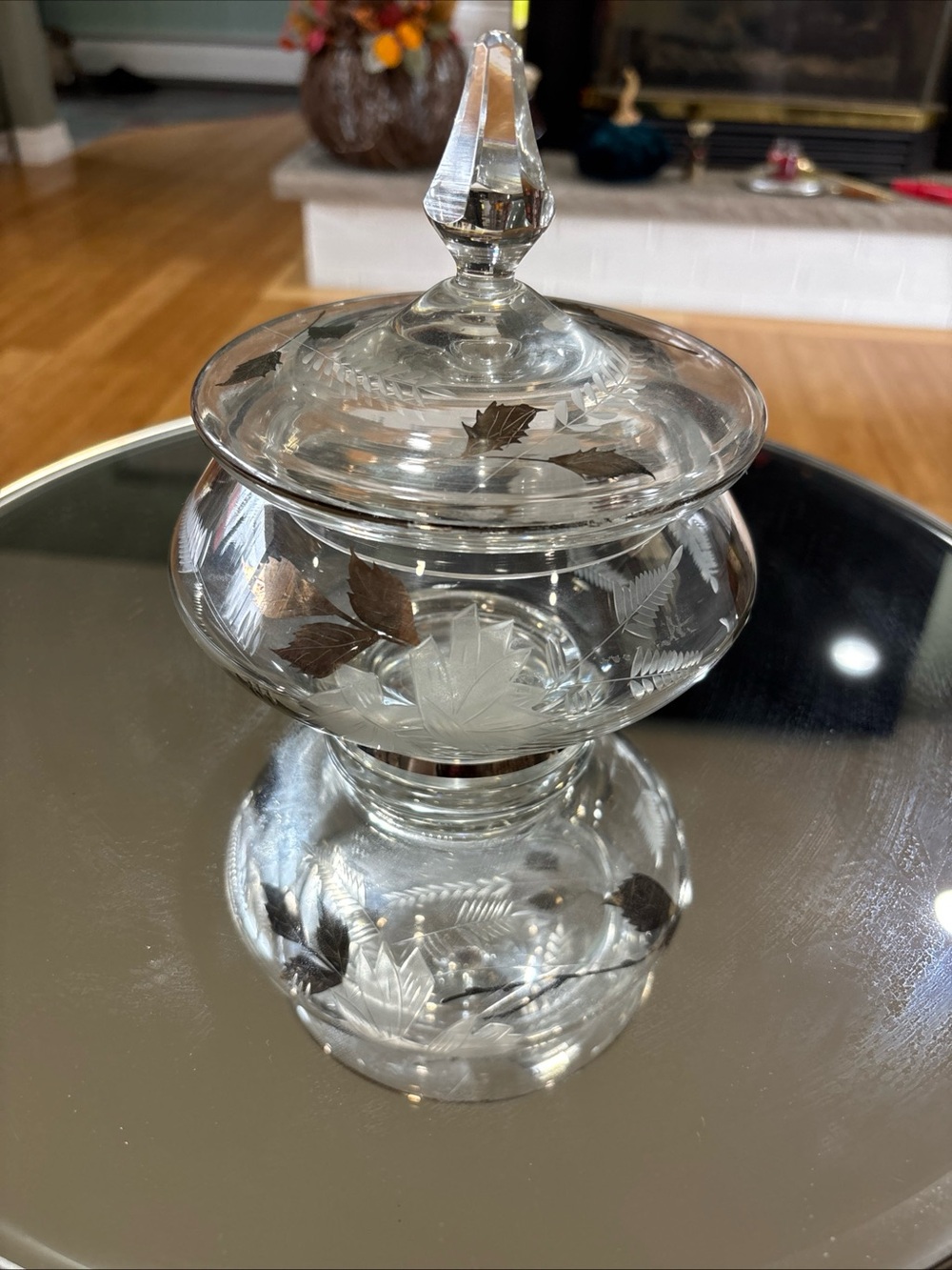 Vintage Bohemian Crystal Leaf Lidded Container Made in Rumania With Gold Trim